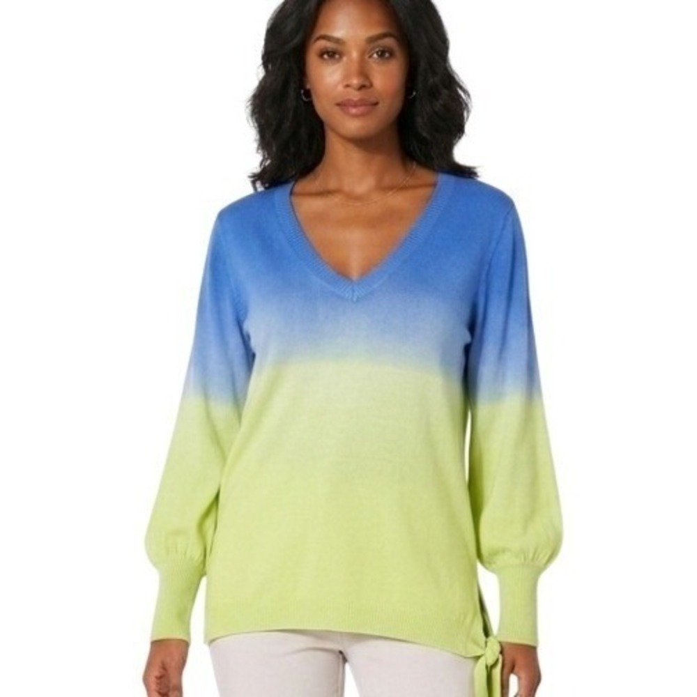 Willow Drive Sweater‎ Women's XL Blue Sage Ombre Dip Dye V Neck Side Tie NWT